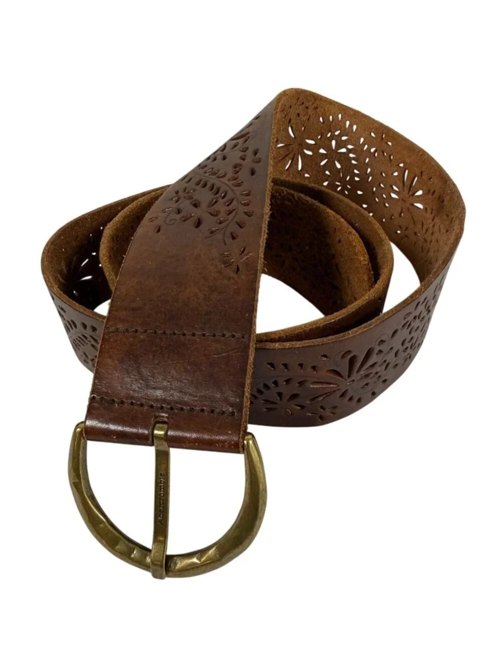 Abercrombie Brown Leather Cutout Belt  Brass Buckle Large Cowgirl Folksy Boho